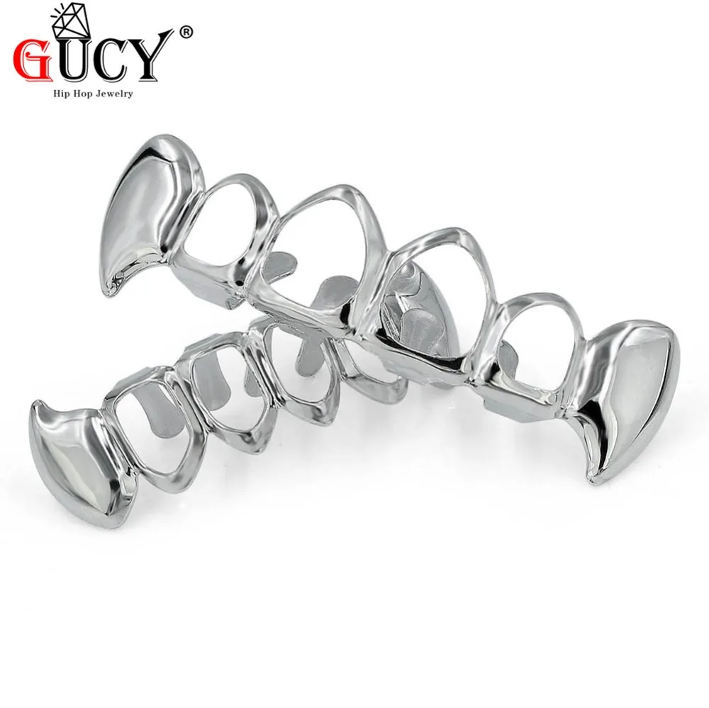 GUCY Custom Fit из чистого золота с покрытием Зубы вампира Четыре Полые Открытый лицо золотые рот GRILLZ шапки Топ и низ хип-хоп гриль набор