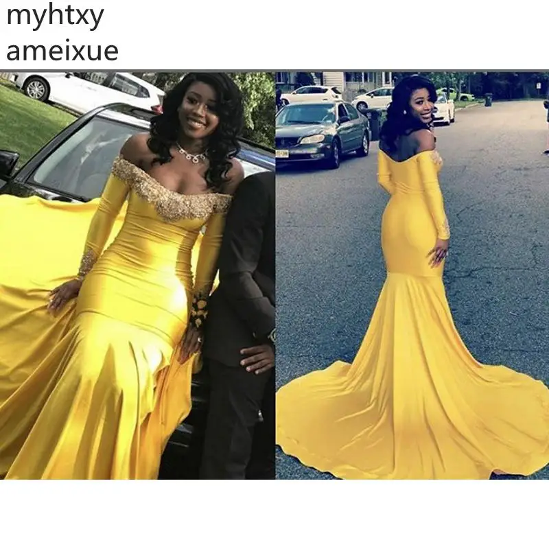 

Yellow Sexy Long Prom Dress 2021 Elegant Beaded V-neck Sleeve Plus Size African Black Girl Gold Floor Length Mermaid Prom Dress