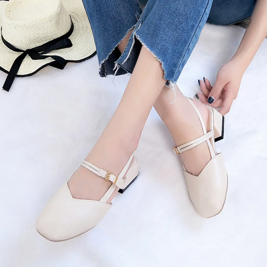 Женская модная повседневная обувь на среднем каблуке с круглым носком и пряжкой