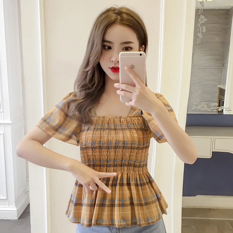 2018 Summer Tops Plaid Chiffon Blouse Square Collar Short Sleeve Thin Shirts Fashion Korean Casual Woman Clothing Free Shipping |