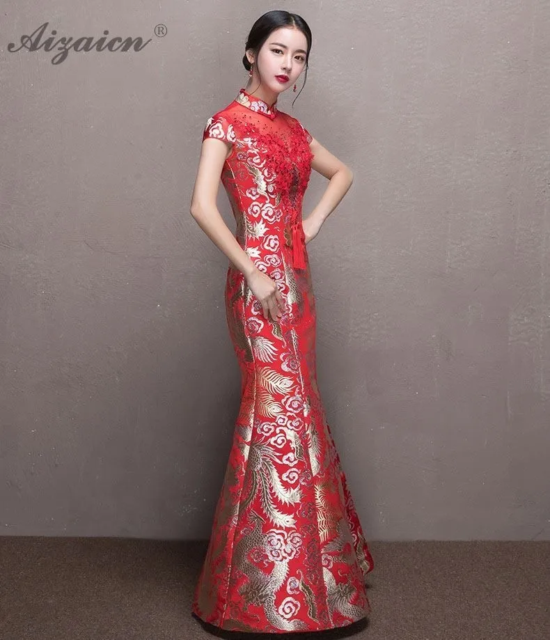 Красные модные китайский вечернее китайское платье-Ципао Oriental Стиль Русалка Cheongsam Длинные платья тонкий хост Qi Pao вечерние винтажное платье