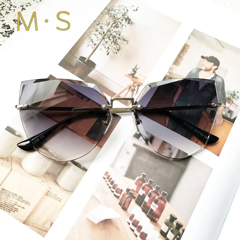 Женские солнцезащитные очки без оправы MS большие брендовые зеркальные