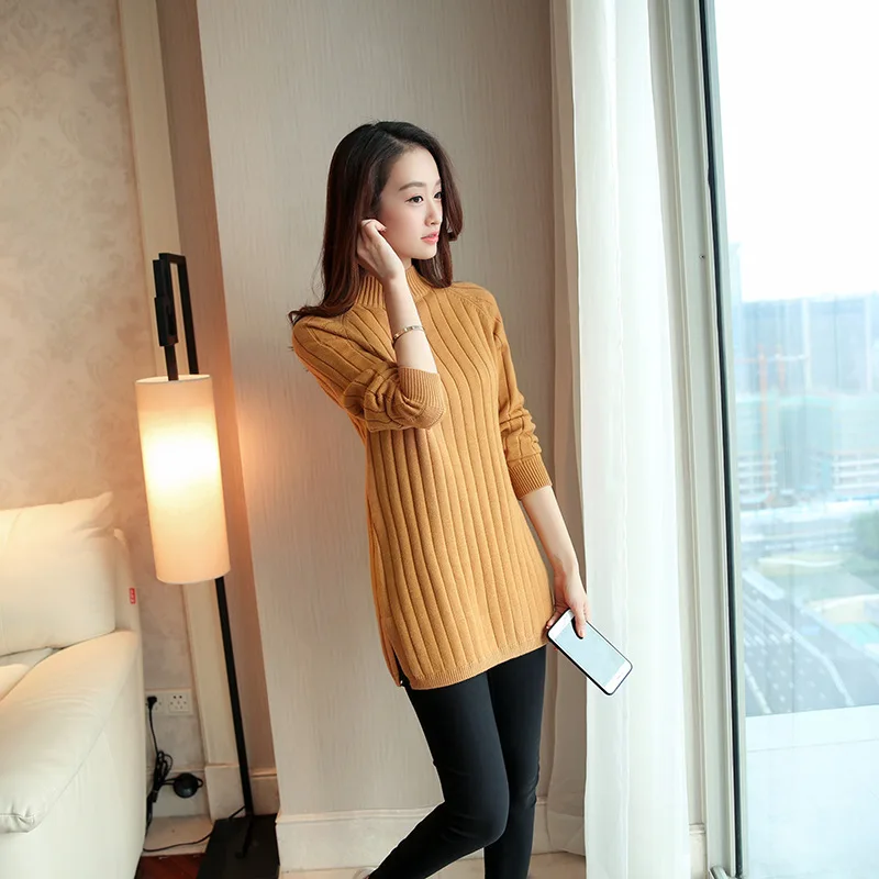 Новая мода осень-зима Для женщин свитер и пуловер теплый женский розовый полувысокий воротник пуловер с длинными рукавами вязаный свитер