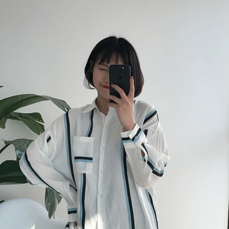 Женская свободная рубашка в полоску Повседневный Кардиган Корейском стиле