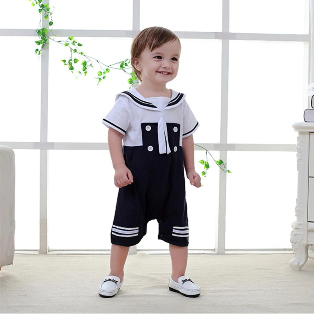2 Pcs Baby Boy Sailor Jumpsuit Marine Navy Short Sleeve Romper + Hat Outfit Sets Suit for 2-18 Months |