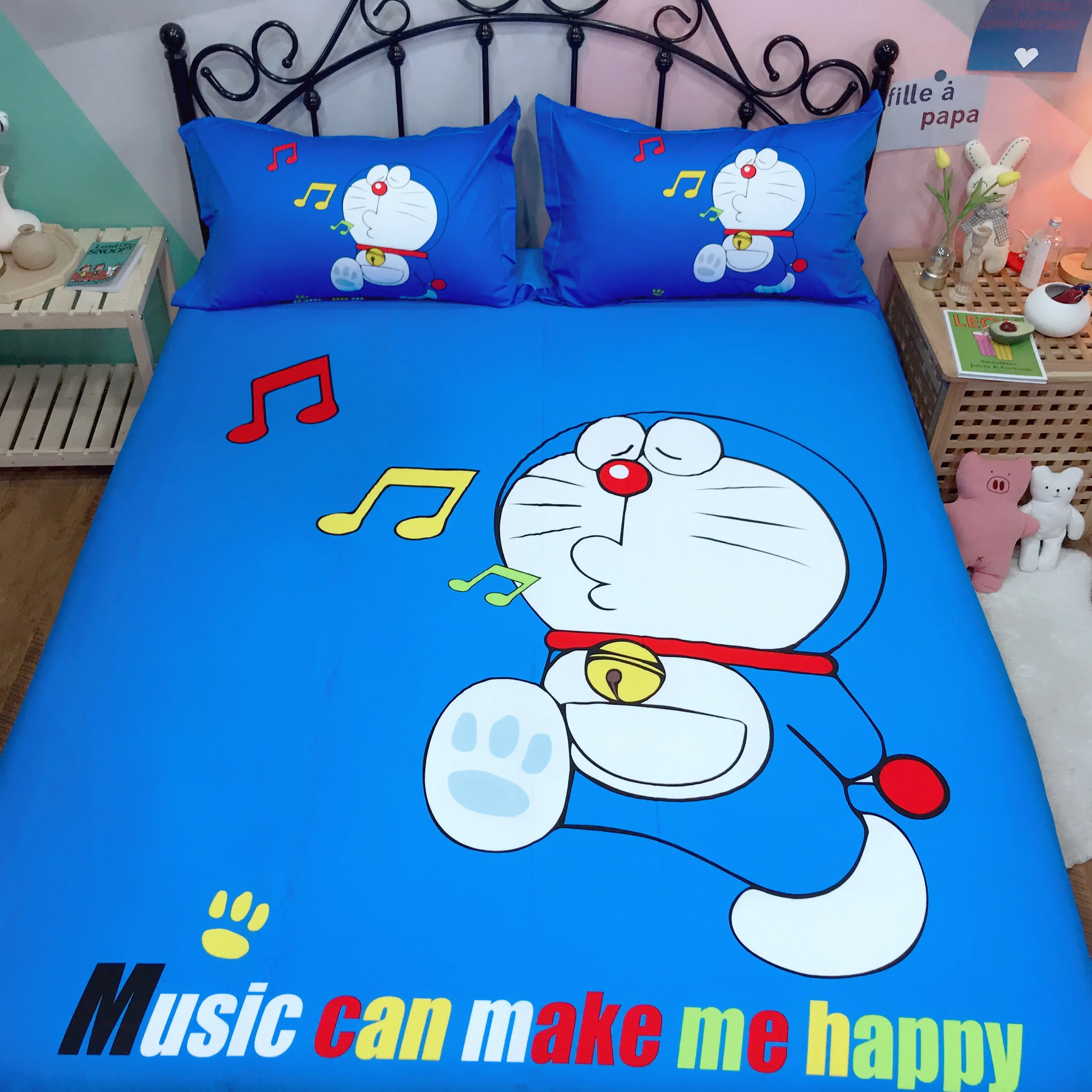 Постельное белье с аниме набор Doraemon Дети чистый хлопковое стеганное одеяло двойной королева король милый пододеяльник плоский лист музыка постельное белье