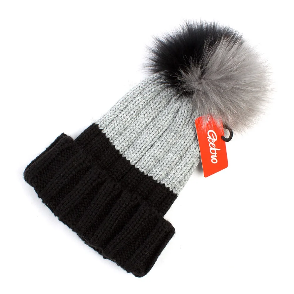 

Geebro Women Knitted Colorblock Beanie With Pompon Winter Casual Warm Knitting Hats Ladies Thick Hat with Fox Fur Pompons