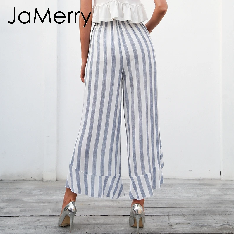 JaMerry Boho Сексуальная полоса широкие брюки для женщин Нижняя Sash ruffle штаны с