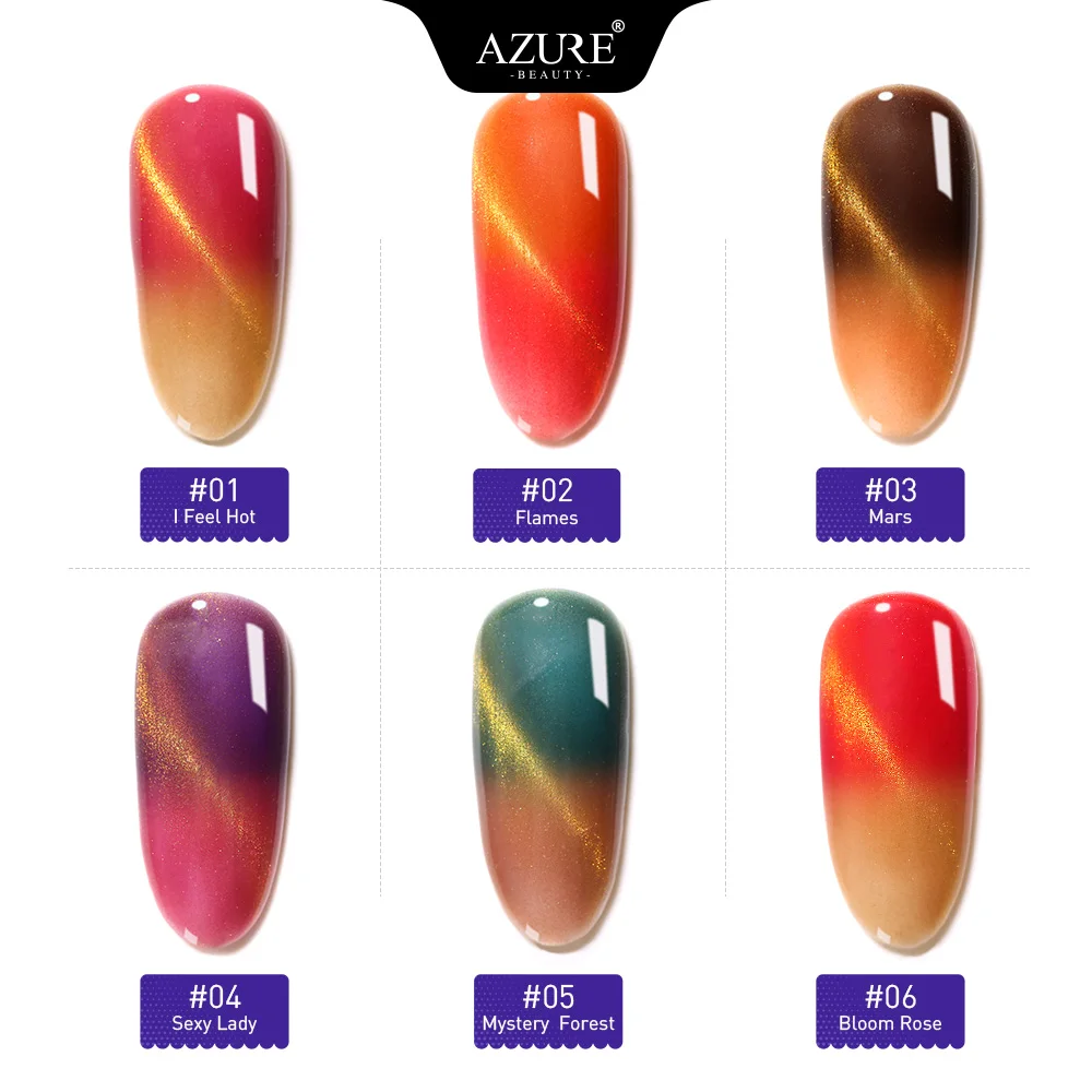 Azure Beauty 6Pcs/Lot Thermal Change 6 Colors Cat Eye UV Gel Nail Polish Soak Off Semi Permanent Magnet Led Enamel | Красота и
