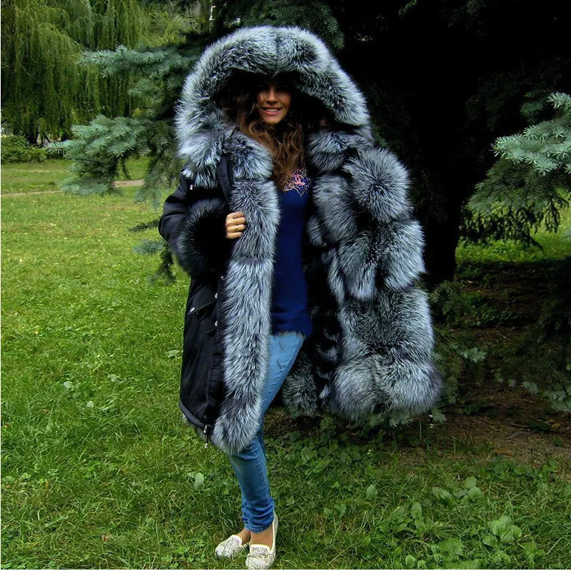 FURSARCAR Women's Winter Real Fur Parka Natural Silver Fox Fur Lining Inside Hood Fashion Luxurious Black Fur Jacket Parkas