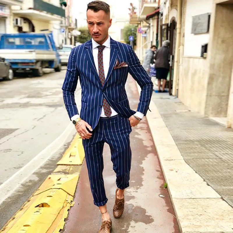 Темно-синий мужские костюмы в Вертикальную Полоску smart casual блейзер для бизнеса Свадьба Пром Улица slim fit мужской смокинг 2 шт. ternos