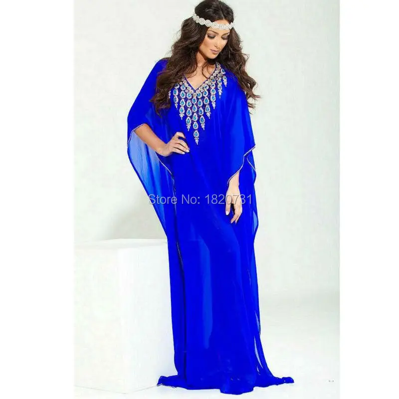 Женское шифоновое вечернее платье роскошное длинное Кафтан ярко синего цвета с