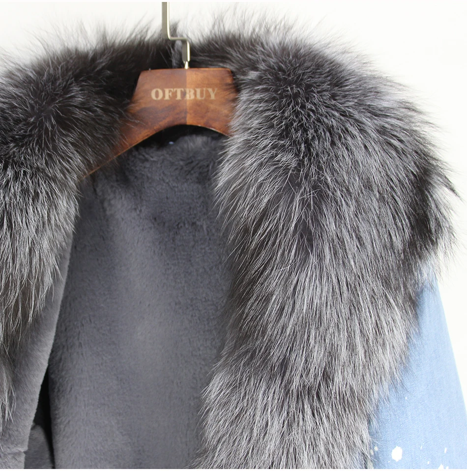 Бренд OFTBUY, парка, джинсовая парка, пальто с натуральным мехом, зимняя куртка для женщин, натуральный Лисий мех, пальто, Толстая теплая меховая парка