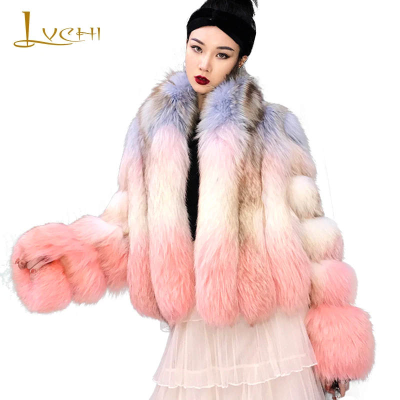 

LVCHI 2019 Winter Real Fox Fur Coats Slim Real Natural Fox Fur Coat Women's Mandarin Collar Contrast Color Short Fox Fur Coats