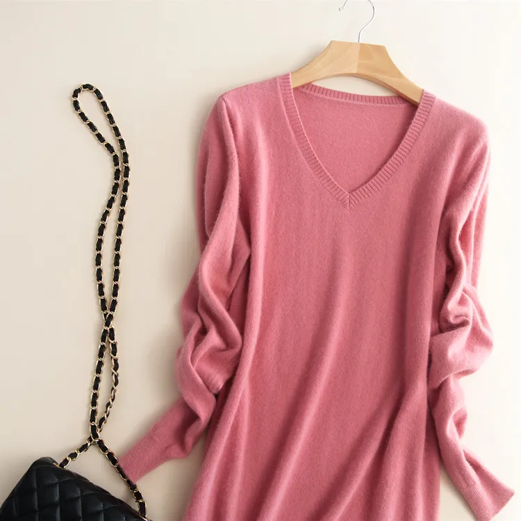 100%goat cashmere knit women's commuting pullover sweater dress mid long above knees V/O-neck S/5XL wholesale retail | Женская