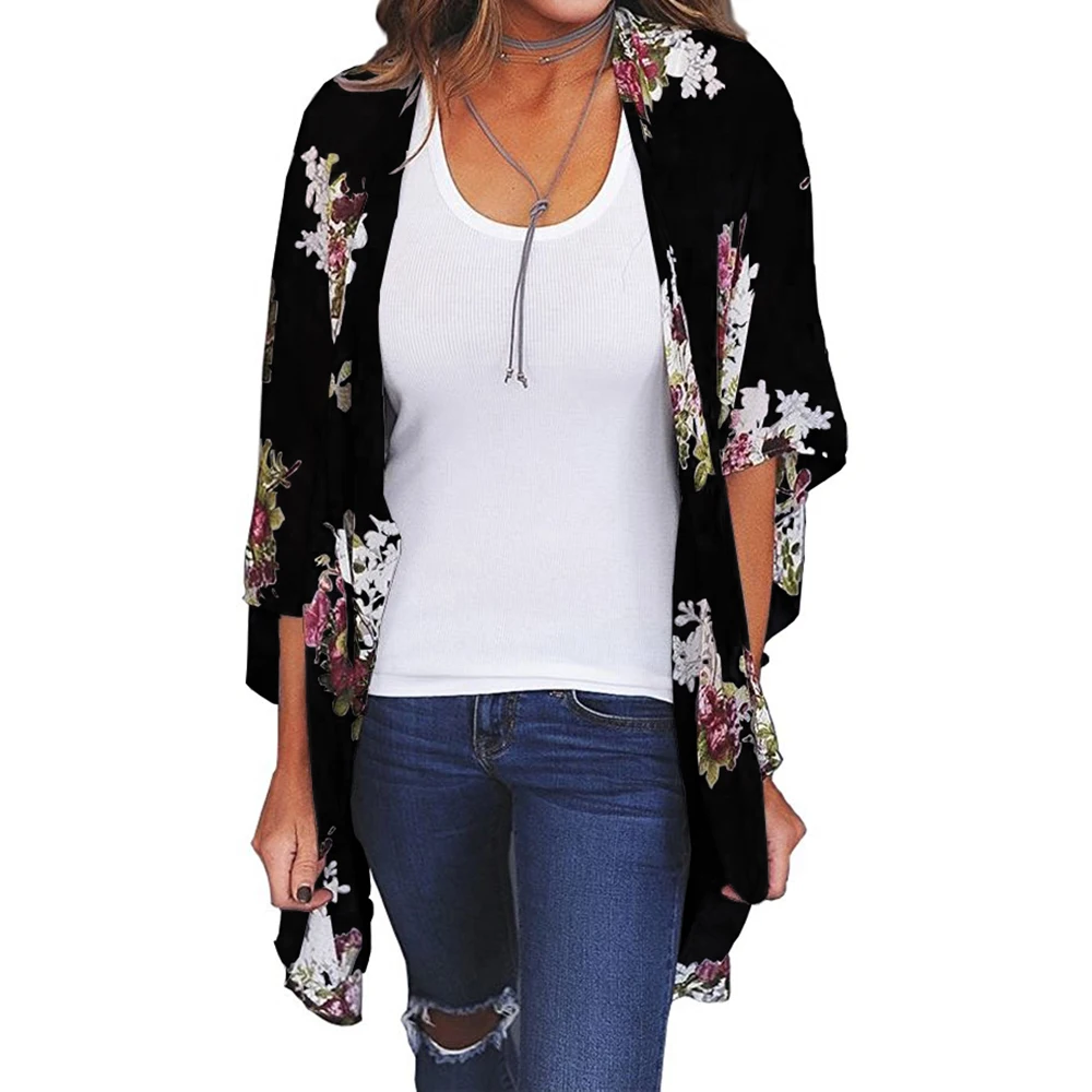 Летнее свободное кимоно с цветочным принтом Солнцезащитный кардиган женское