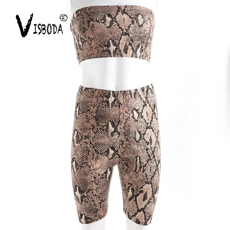 Женский комплект из 2 предметов со змеиным принтом укороченный топ и шорты модный
