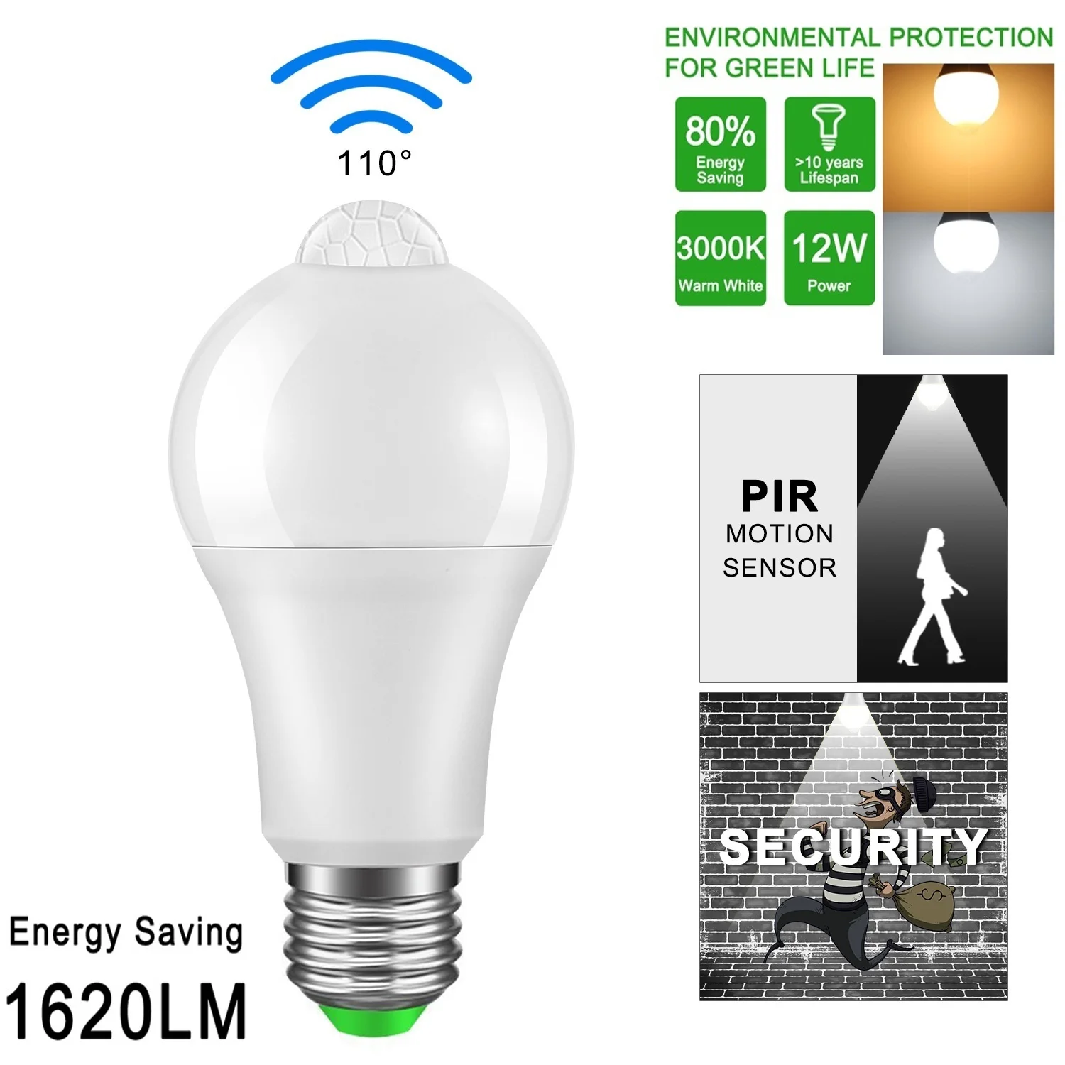 COCOZ IP42 Светодиодная лампа с PIR датчиком E27 12 Вт AC 220 В 110 движения для домашнего
