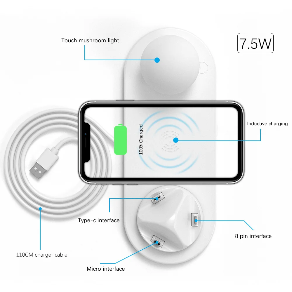 Ahowie 3в1 Qi Беспроводное зарядное устройство для IPhone/Micro/type-C гриб светодиодный свет