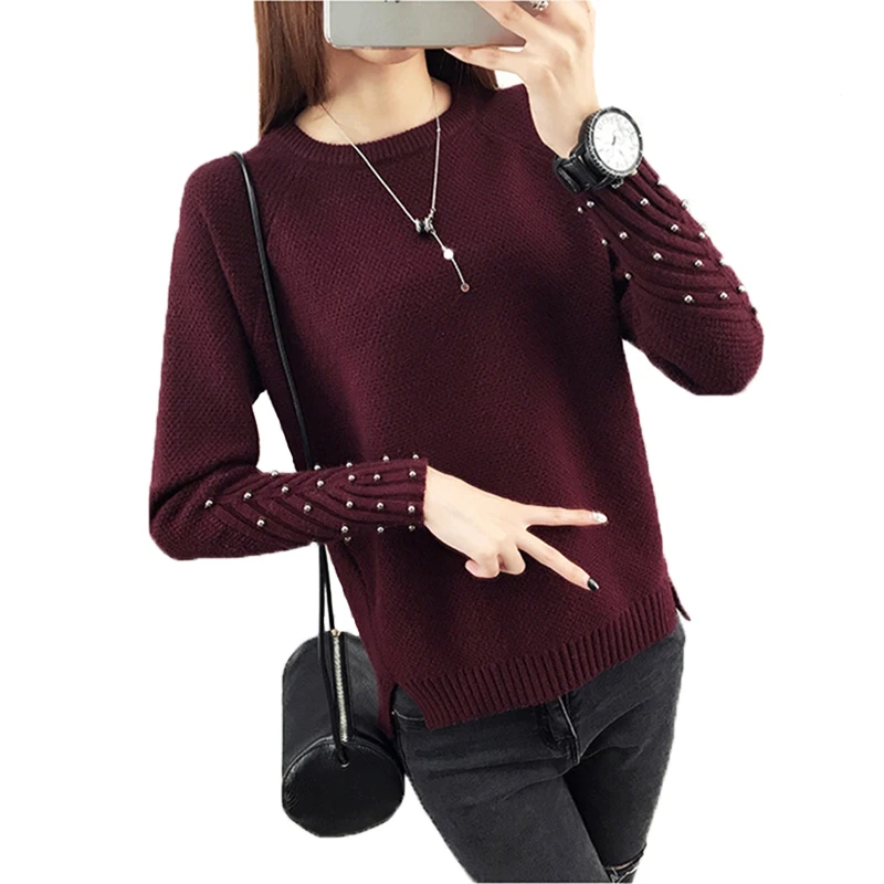 Women Character Beading Long Sleeve Autumn Knitting Sweater Pure Color Casual Elegant Split Patch Design Female Pullover | Женская