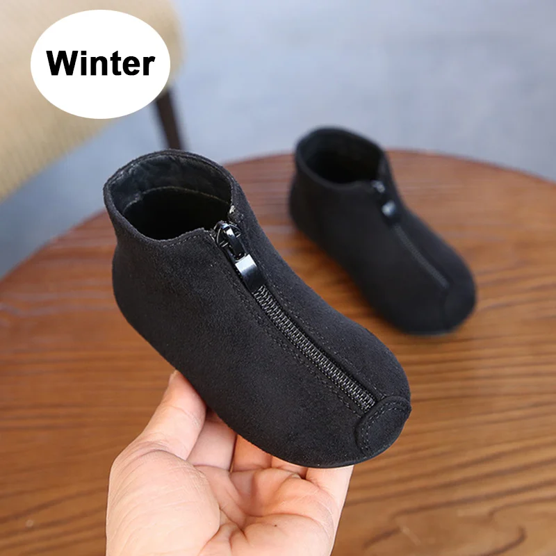 Winter black Осенне-зимняя детская обувь для девочек; модные резиновые детские ботинки martin на молнии и плоской подошве; детская обувь для маленьких девочек с леопардовым принтом - Цвет: Winter black
