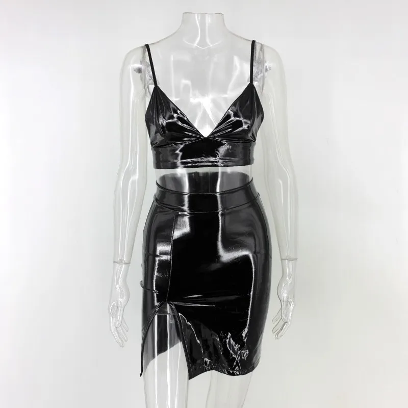 Black Ohvera/комплект из искусственной кожи из двух предметов: укороченный топ на бретельках и мини-юбка с разрезом, сексуальный женский комплект 2 шт., летняя одежда - Цвет: Black