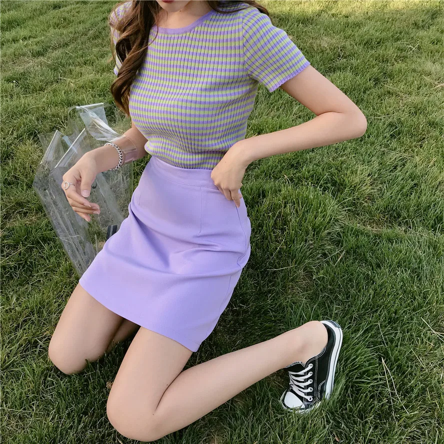 2019 summer Korean Style purple stripe sweater slim knitted tops short sleeve t shirts womens tee shirt femme (R4492) | Женская одежда