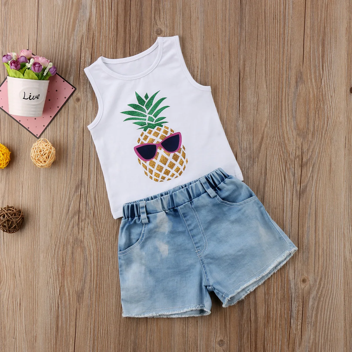 

AU Newborn Baby Girls Pineapple Print Tops Vest Denim Pants Shorts Outfit Clothes Set Summer Casual Sleeveless Clothing