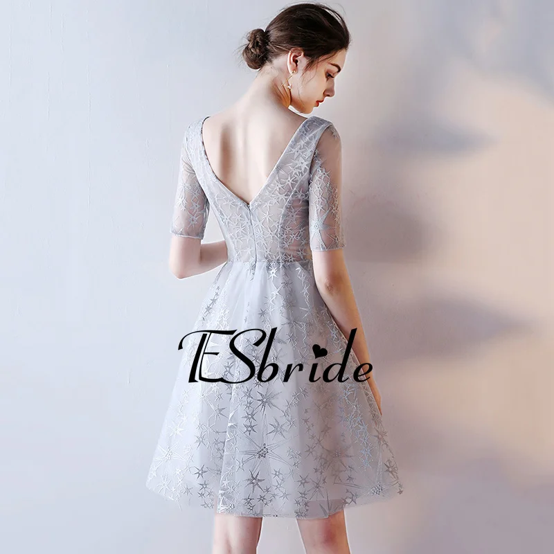 2017 серебряный цвет двойной v короткие платья выпускного вечера одеяние де вечер