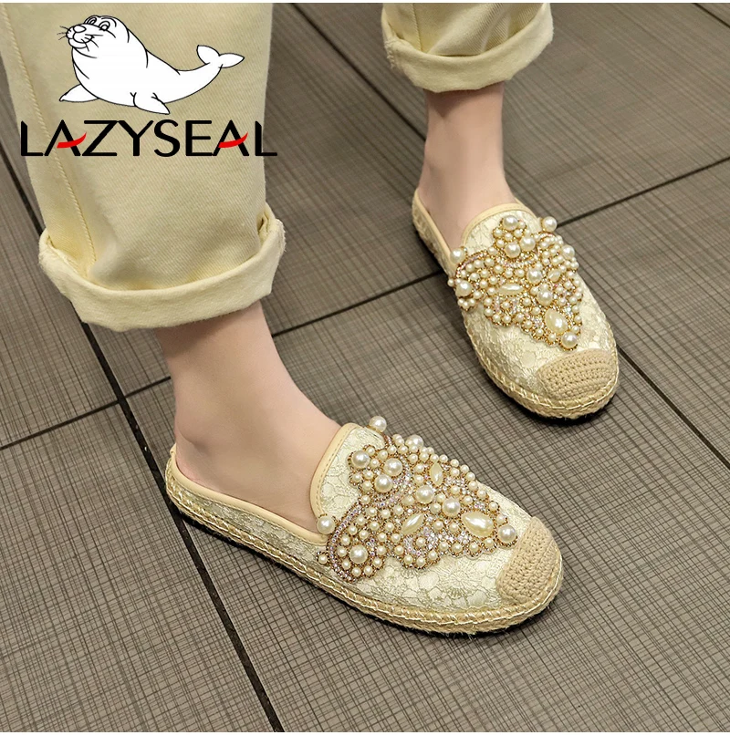 LazySeal/ г., весенние шлепанцы без задника; женская обувь; лоферы с жемчугом; обувь на плоской подошве; женские мокасины без задника, Украшенные бусинами