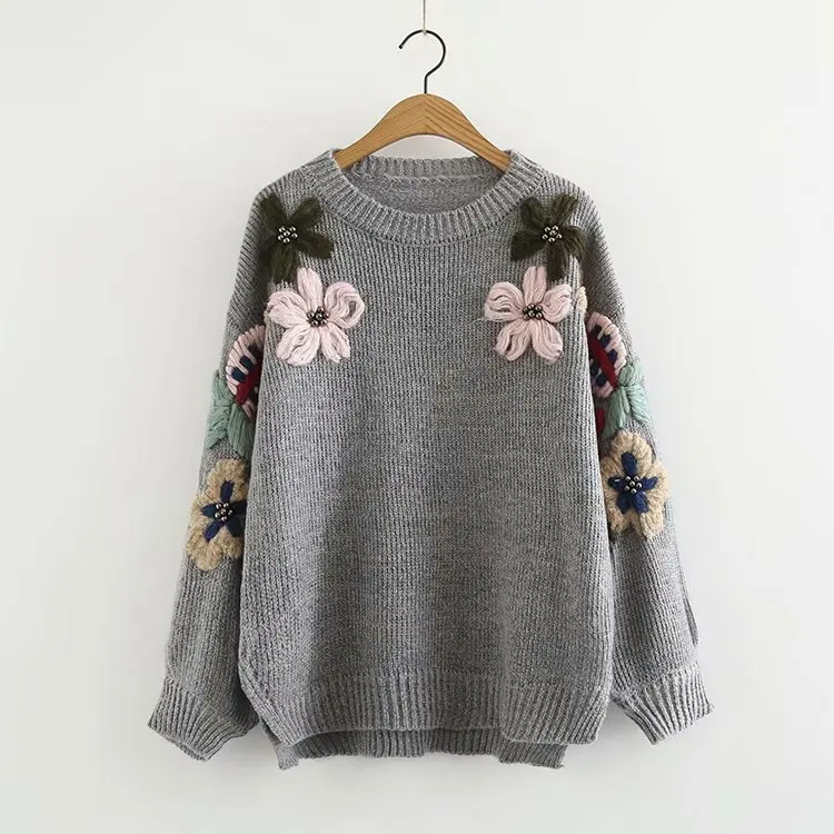 

Adomoe Autumn Female Casual Loose Pullovers Knitwear Winter Sweat Floral Embroidery Beading Fashion Vintage Sweater for Women