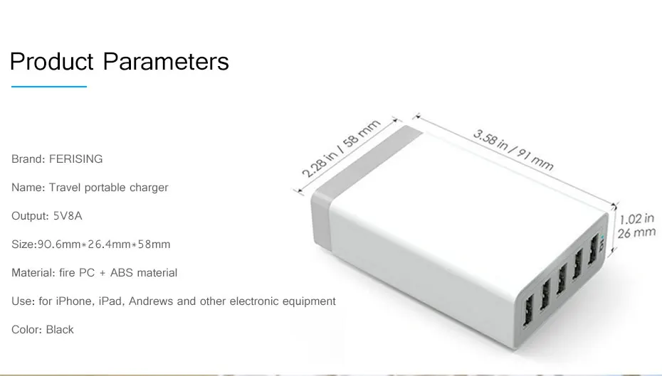 FERISING 5 портов настенный USB Адаптер зарядного устройства для США E.U. Разъем 5 V 8A* 5 для iPhone samsung Sony LG и т. д