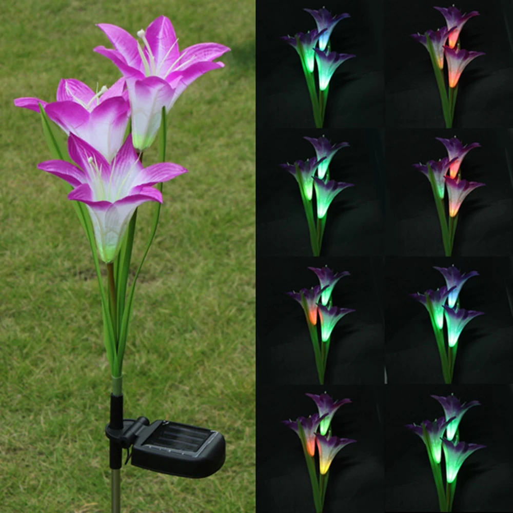 Фиолетовая светодиодная Солнечная энергия Лилия Цветок Сад Кол свет изменение