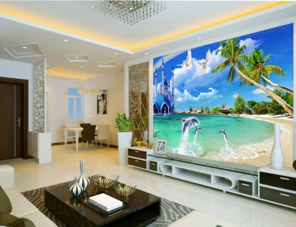 Настенные 3d обои с изображением Эгейского пляжа и дерева фото по индивидуальному