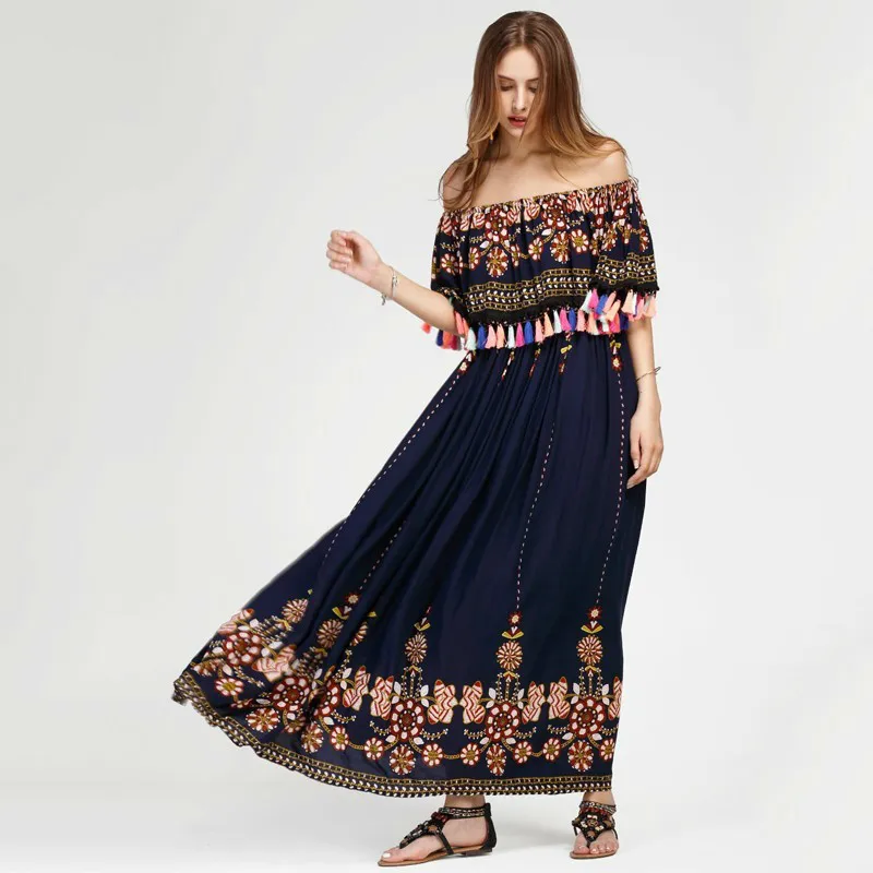 Loneyshow Лето Винтаж принт Макси платья Длинные Для женщин Boho Повседневное пол Длина