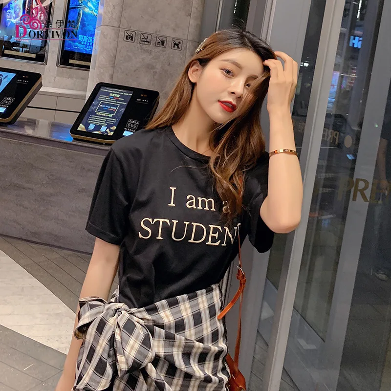 Свободное платье Лето 2019 корейские новые буквы набивной круглый воротник