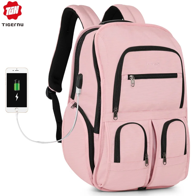 Pink Tigernu, новинка, мужской рюкзак для ноутбука, мужской, женский, школьный рюкзак, обновленный, основной, Противоугонный, на молнии, с RFID, рюкзак - Цвет: Pink