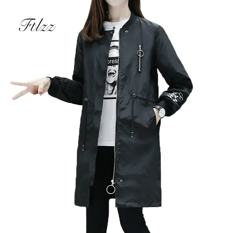 

Тренчкот женский средней длины, Повседневная ветровка на молнии с длинным рукавом и винтажной вышивкой, весна-осень 2018