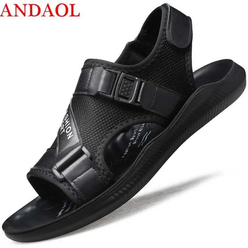 

ANDAOL men's casual sandals Top Quality Soft Elastic Band Beach shoes Luxury Massage Marvel Genuine Leather Non-Slip Slippers