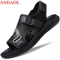 andaol mens casual sandals top quality soft elastic band beach shoes luxury massage marvel genuine leather non slip slippers