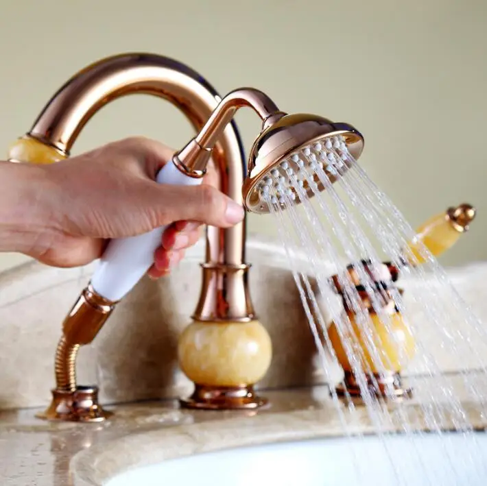 New arrival brass rose gold and jade 3 pcs Deck-Mounted bathroom bathtub faucet set with shower head Tub Filler Faucet Mixer Tap
New arrival brass rose gold and jade 3 pcs Deck-Mounted bathroom bathtub faucet set with shower head Tub Filler Faucet Mixer Tap