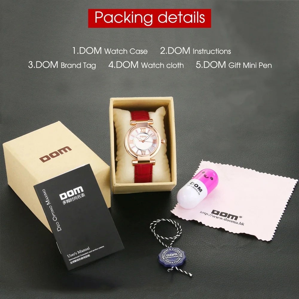 DOM Для женщин кварцевые часы кожаный ремешок Топ бренд класса люкс кристалл