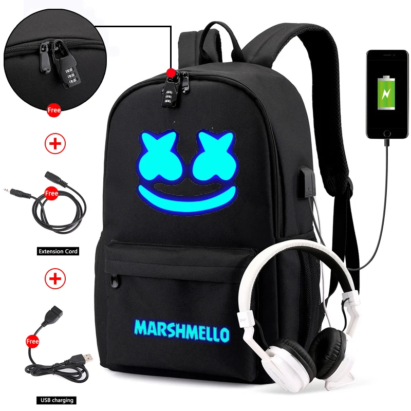 DJ Marshmello, Противоугонный, светящийся, брезентовый, водонепроницаемый рюкзак для мужчин, AJAX, школьный рюкзак для студентов, подростков, девочек, мальчиков, сумка для книг