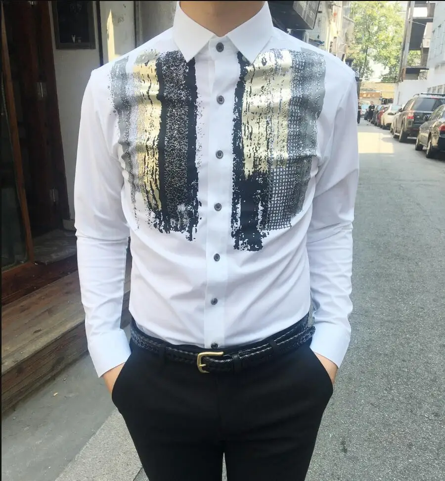 Белый Модные Повседневные принты Для мужчин рубашки Бизнес Slim Fit черный, белый цвет сценический Мужской рубашка для певца певец этап Для мужчин s рубашки для мальчиков на свадьбу - Цвет: Белый