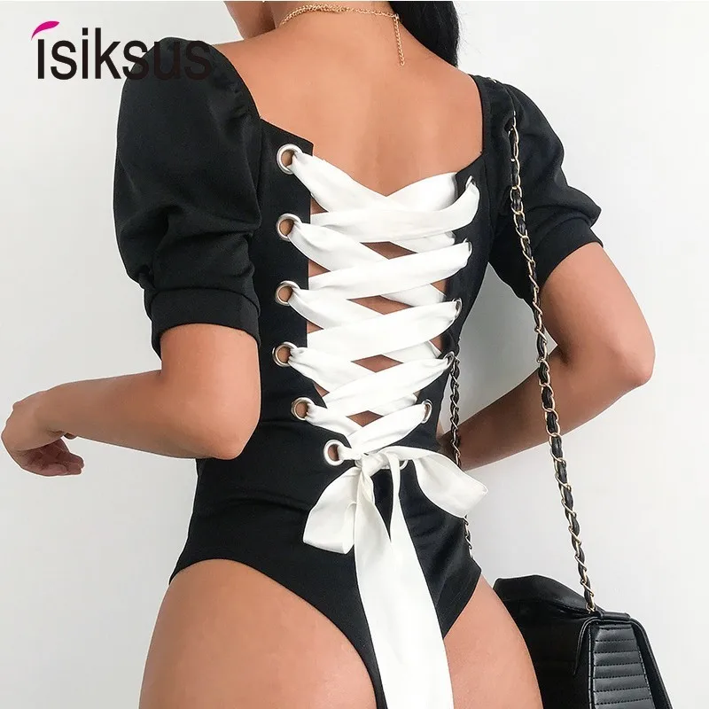 Isiksus черный летний сексуальный стринги боди для женщин короткий рукав открытая