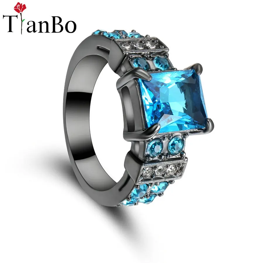 TianBo New Sky-blue / Clear Crystal Design Geometric White Black /Gold Colour Jewlery Male Female Vintage Wedding Ring Size 9 | Украшения и