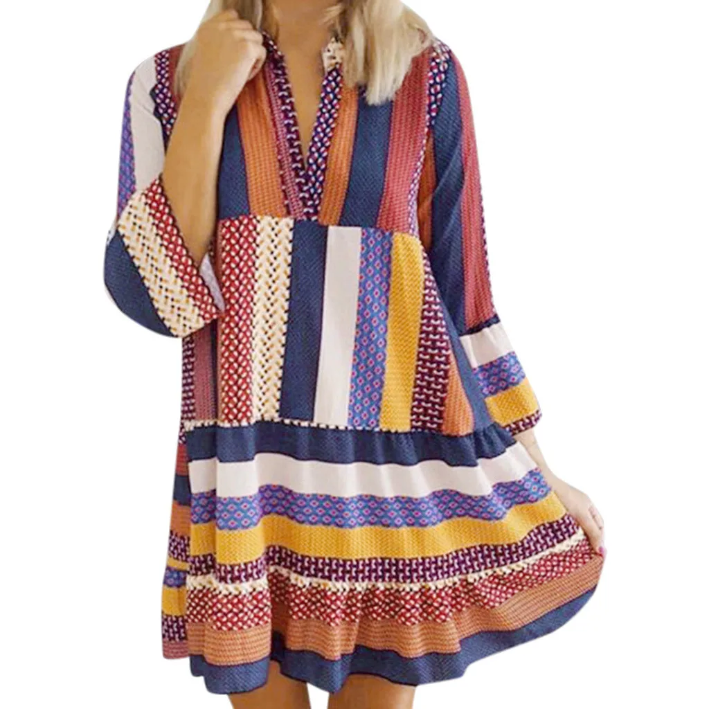 Feitong Fashion Dress Women Vestidos Autumn Plus Size Bohemian Ethnic Floral Stripes Long Sleeve V-Neck Dresses платье летнее