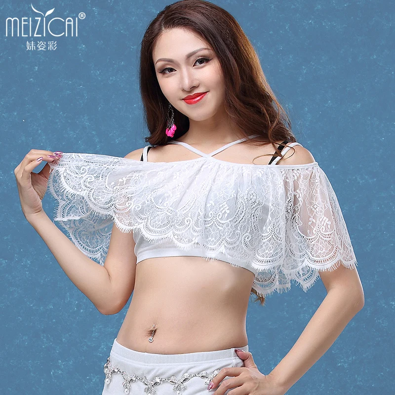 Женский топ для танца живота сетчатый с открытыми плечами и кружевными ресницами