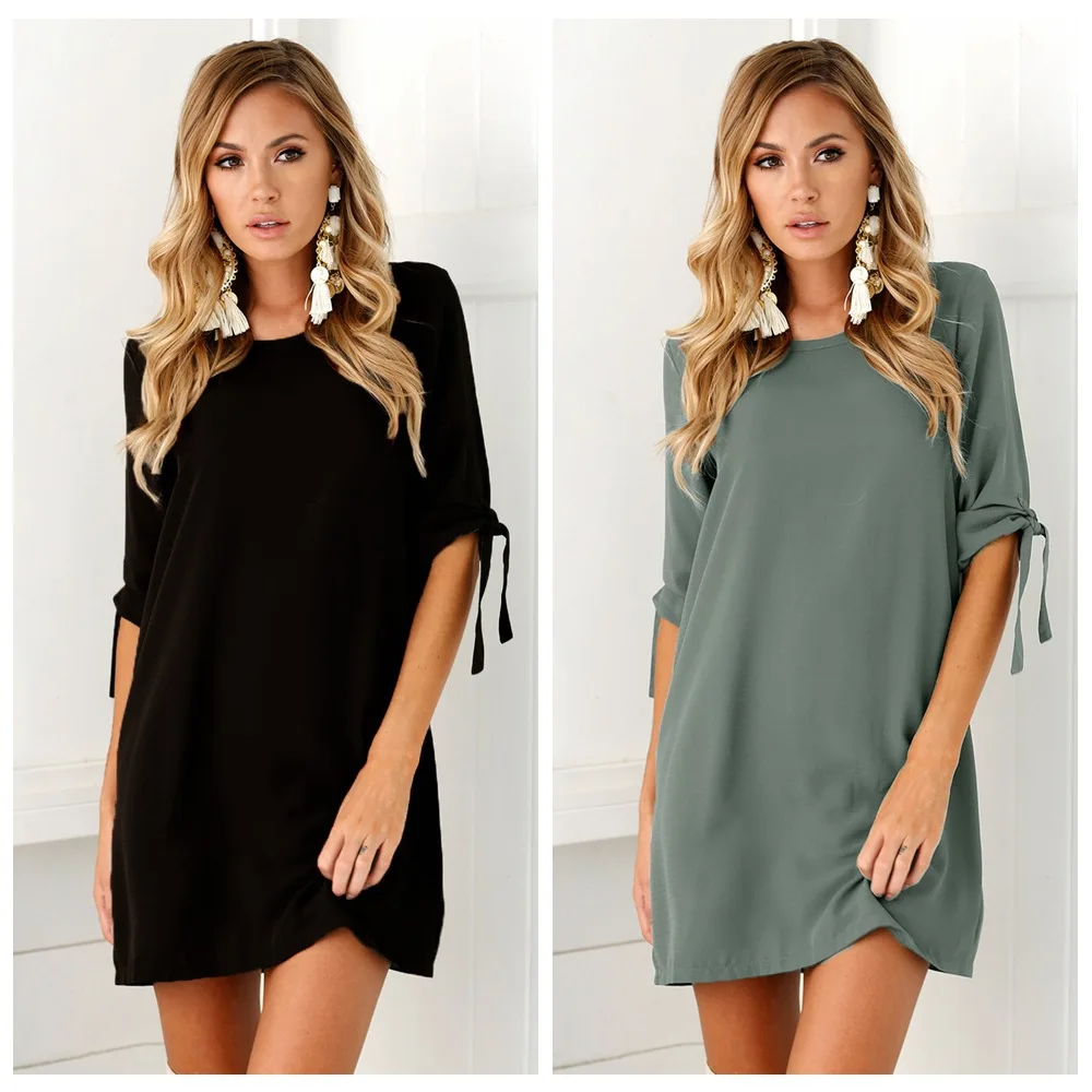 summer dress 2019 New moda feminina Solid color Casual Dresses Round Neck Short Sleeve Loose Bow Women's Vestidos Plus Size | Женская