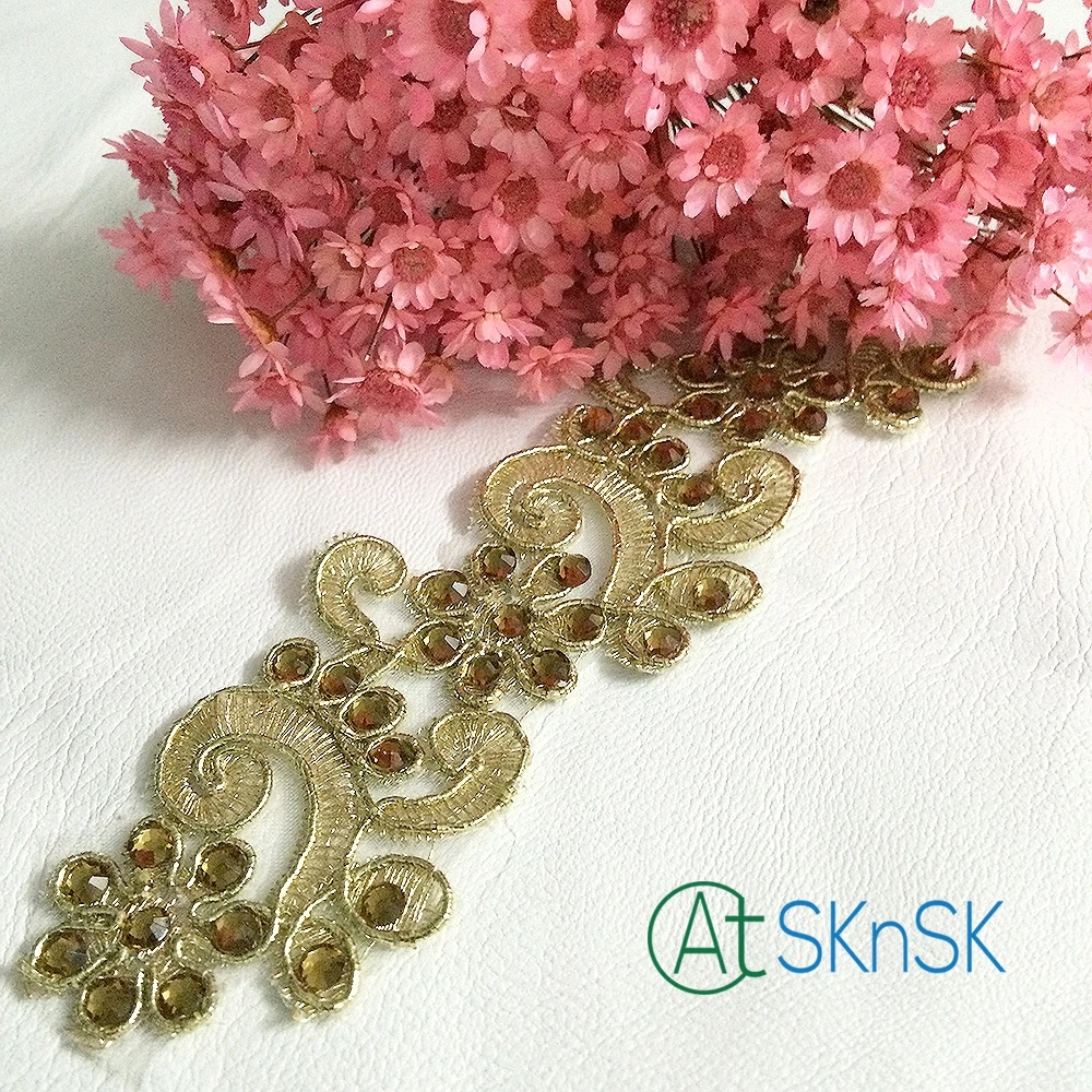 10 ярдов/серия 4 см Широкий Золотой Цвет Стразы Цветочные Вышивка Органза Кружева